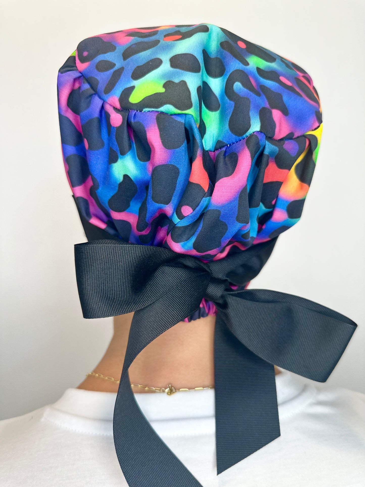 Ribbon Back-Electric Leopard: Euro-Style Scrub Cap